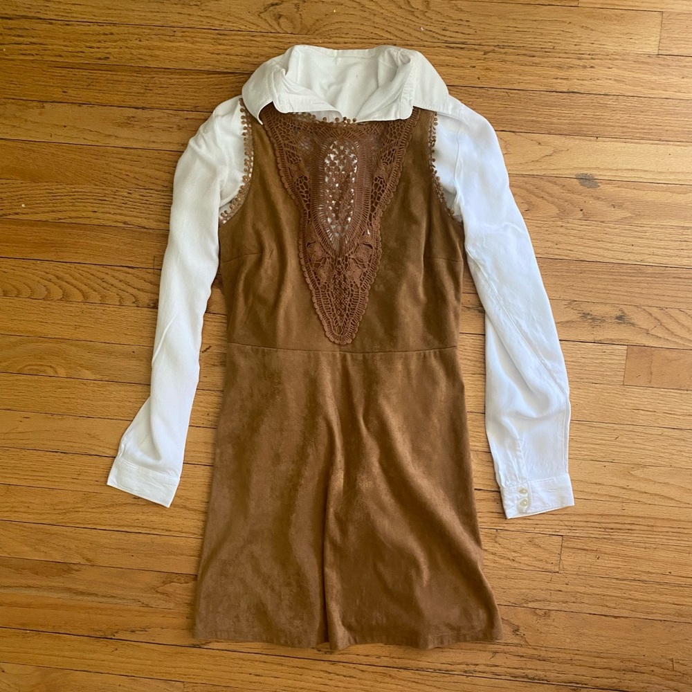 twentyfourseven sleeveless brown suede midi dress w/ lace trim